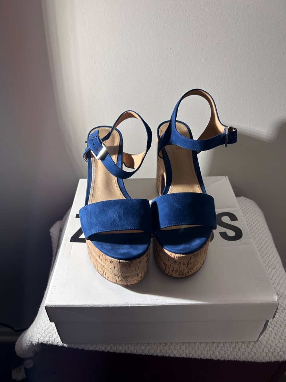 Schutz Sz 10 Blue Suede Cork Platform Sandals - Picture 5 of 16